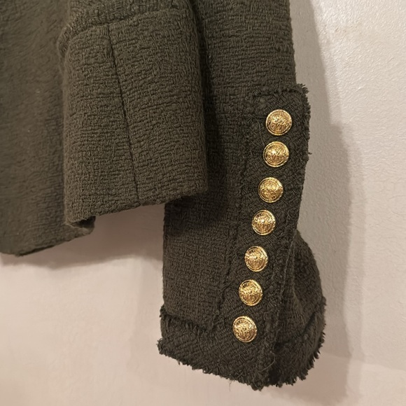 ZARA army green NEW tweed cropped blazer w/ shoulder pads & gold buttons-Sz.XXL - Picture 6 of 14
